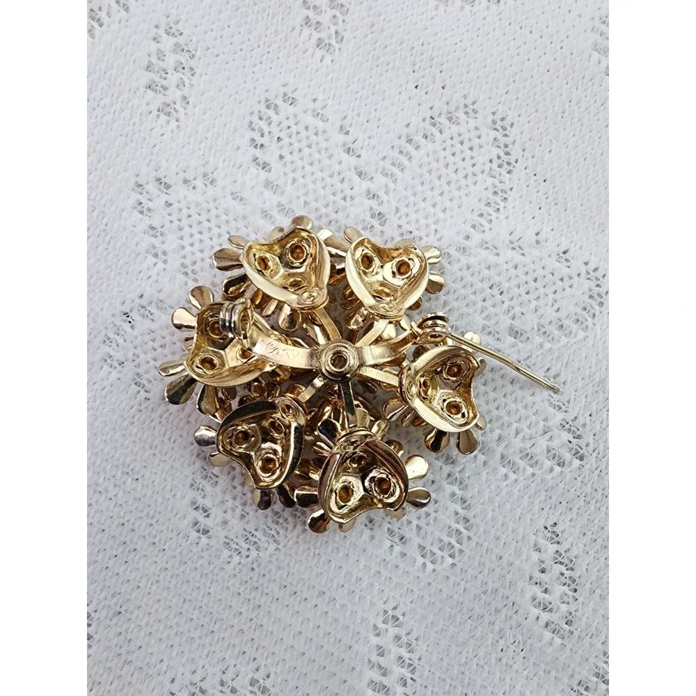 Vintage Mid Century Flower Cluster Brooch Pink Gold Tone Boho Cottage Purple 50s